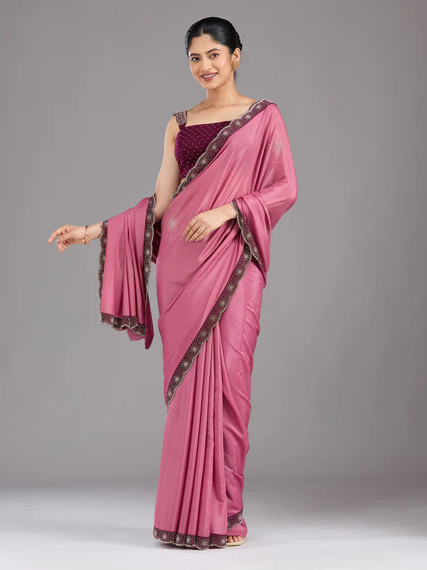Onion Pink Stonework (Silver) Satin Saree